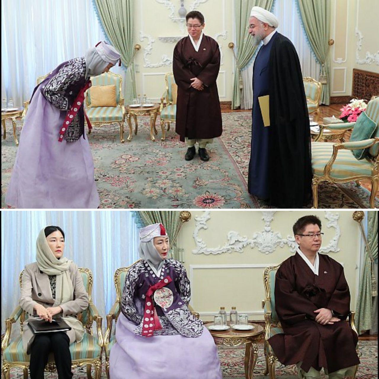 پوشش جالب همسر سفیر کره در دیدار روحانی عکس